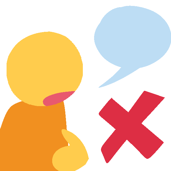 an emoji-yellow person stylized without eyes speaking a blank speech bubble and pointing to themself, next to them is a red x
